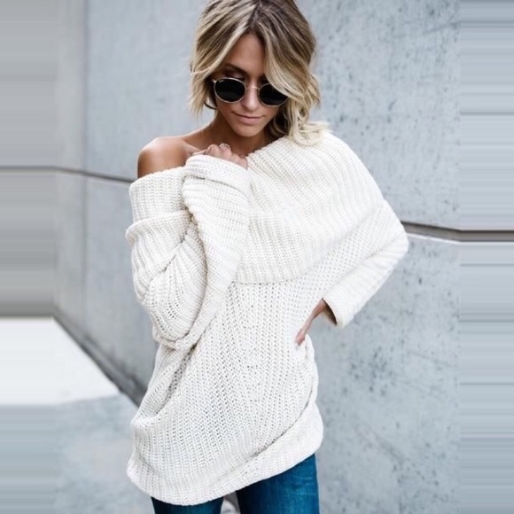 Sweaters - Chunky Knit Cowl Neck Slouchy Off Shoulder Sweater